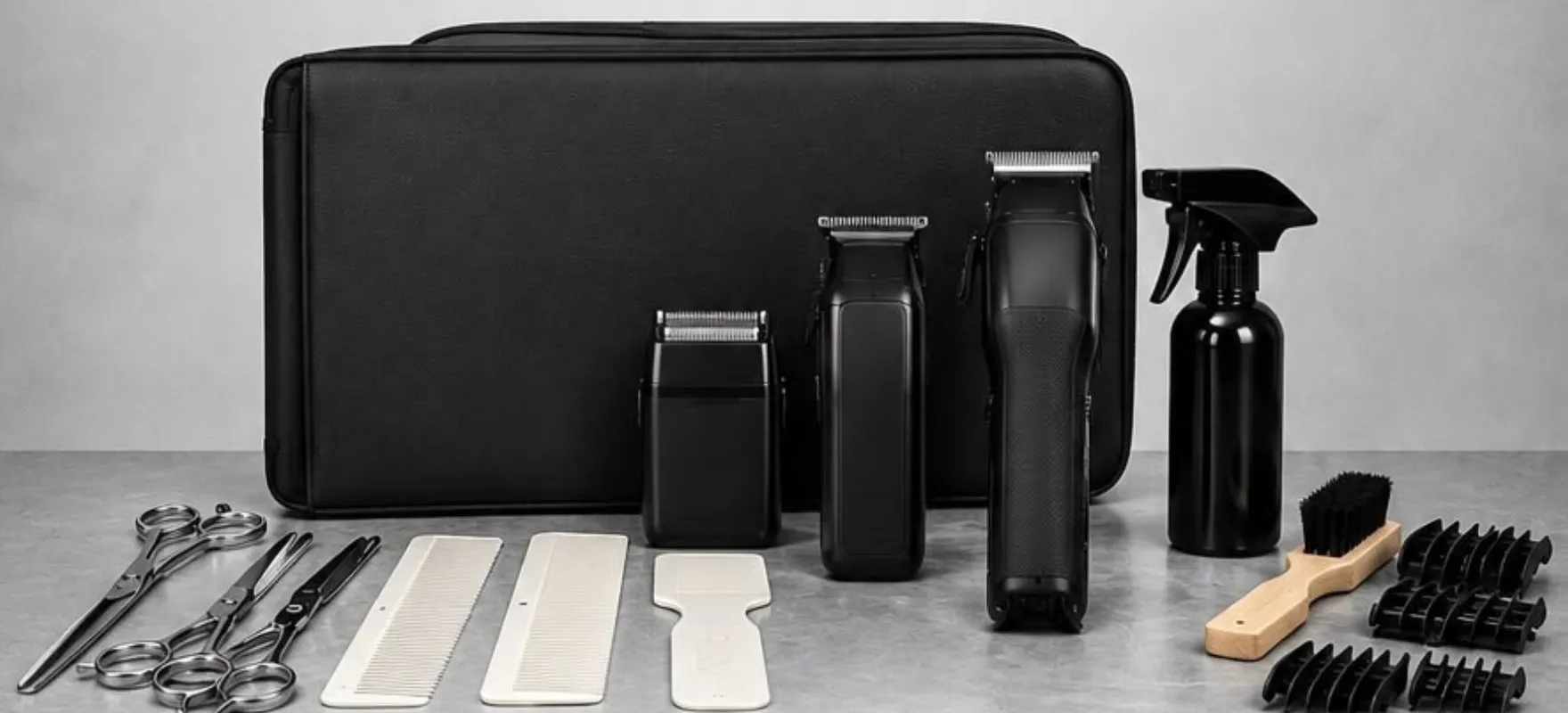 The Fadenation student kit laid out in front of its carry case: scissors, combs, foil shaver, trimmers, clippers, spray bottle, cleaning brush and clipper guards